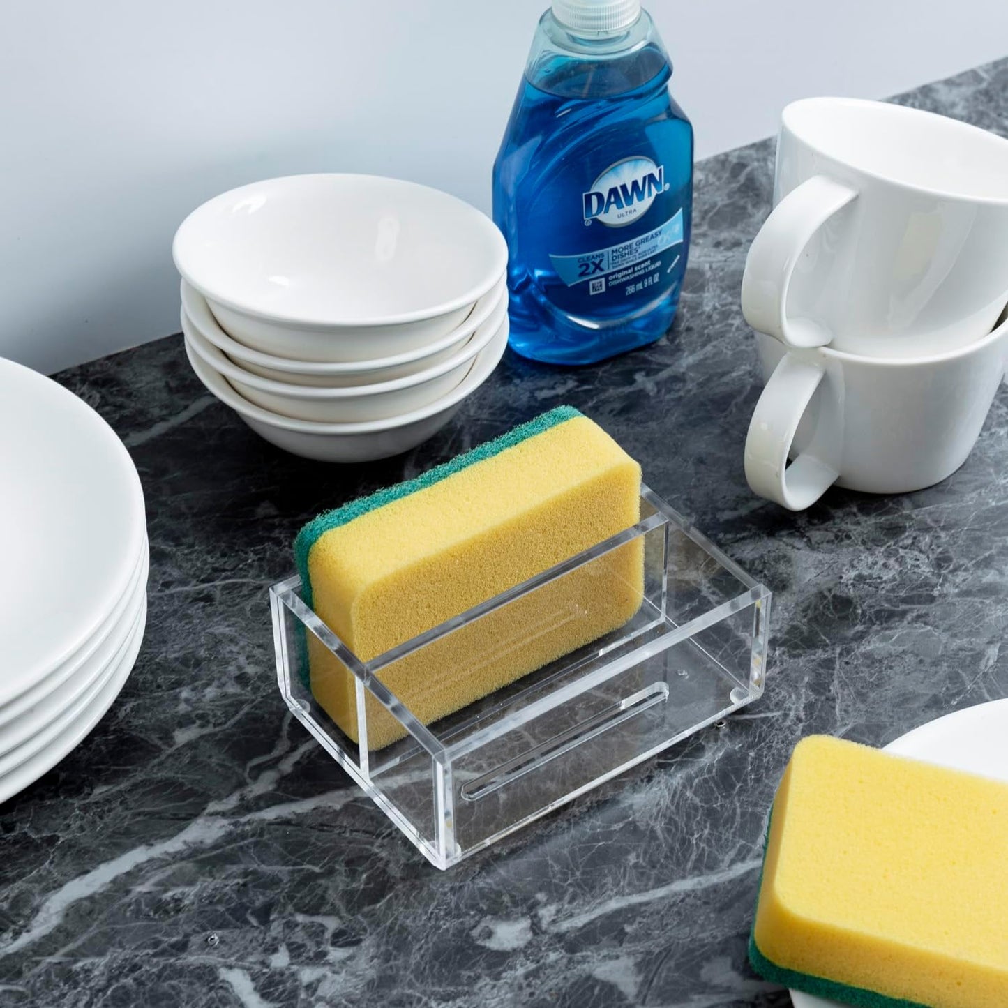 MyGift Modern Premium Clear Acrylic Sponge Holder for Kitchen Sink, Counter Dual Sponge Storage Rack, Countertop Caddy with 2 Compartments for Dish Cleaning Sponges or Scrubbing Pads