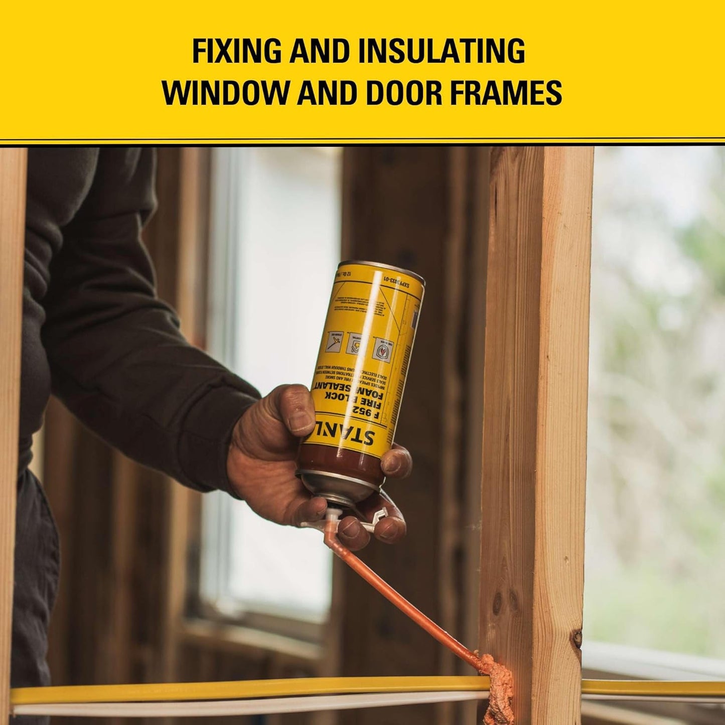 Stanley F952 Fire Block Spray Foam – (12x12oz) Fire Rated Expanding Polyurethane Foam Sealant for Gap Filling & Sealing on Doors, Windows, Walls, Pipes & Joints – Indoor/Outdoor Straw Use | 12 Pack