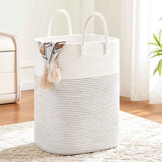 Laundry Basket,Woven Cotton Rope Laundry Hamper,Versatile Storage for Dirty Clothes,Baby Toys,and Blankets in Bathroom, Nursery,and Living Room (White, 80L)