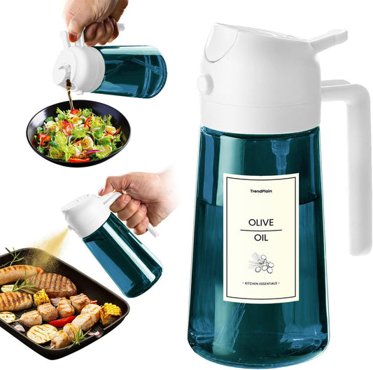 TrendPlain 16oz/470ml Blue Glass Olive Oil Sprayer for Cooking - 2 in 1 Olive Oil Dispenser for Kitchen Gadgets, Air Fryer, Salad, and BBQ - White
