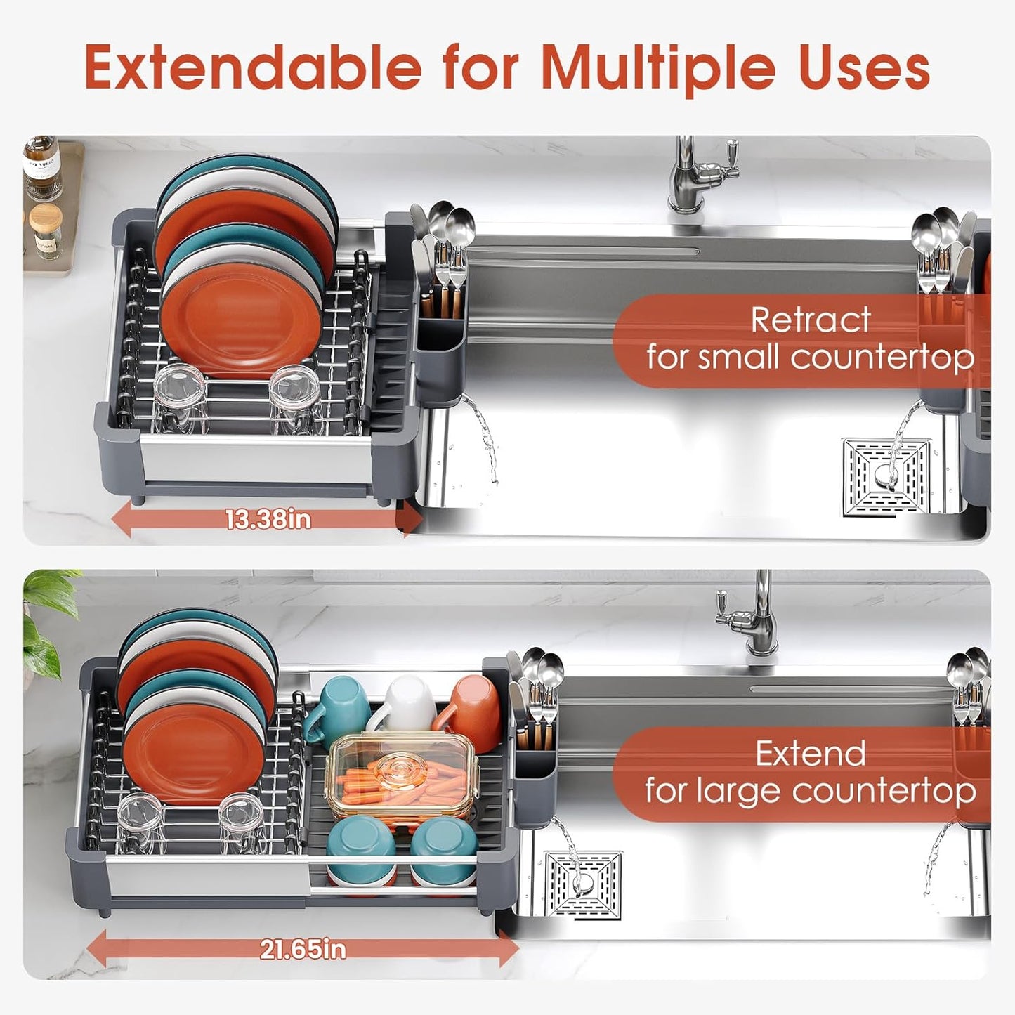 TOOLF Dish Drying Rack for Kitchen Counter, Extendable Dish Rack with Drainboard, Expandable Dish Drainer, Collapsible Dish Strainer with Cutlery Holder, Foldable Home Plate Rack, Alu Gray