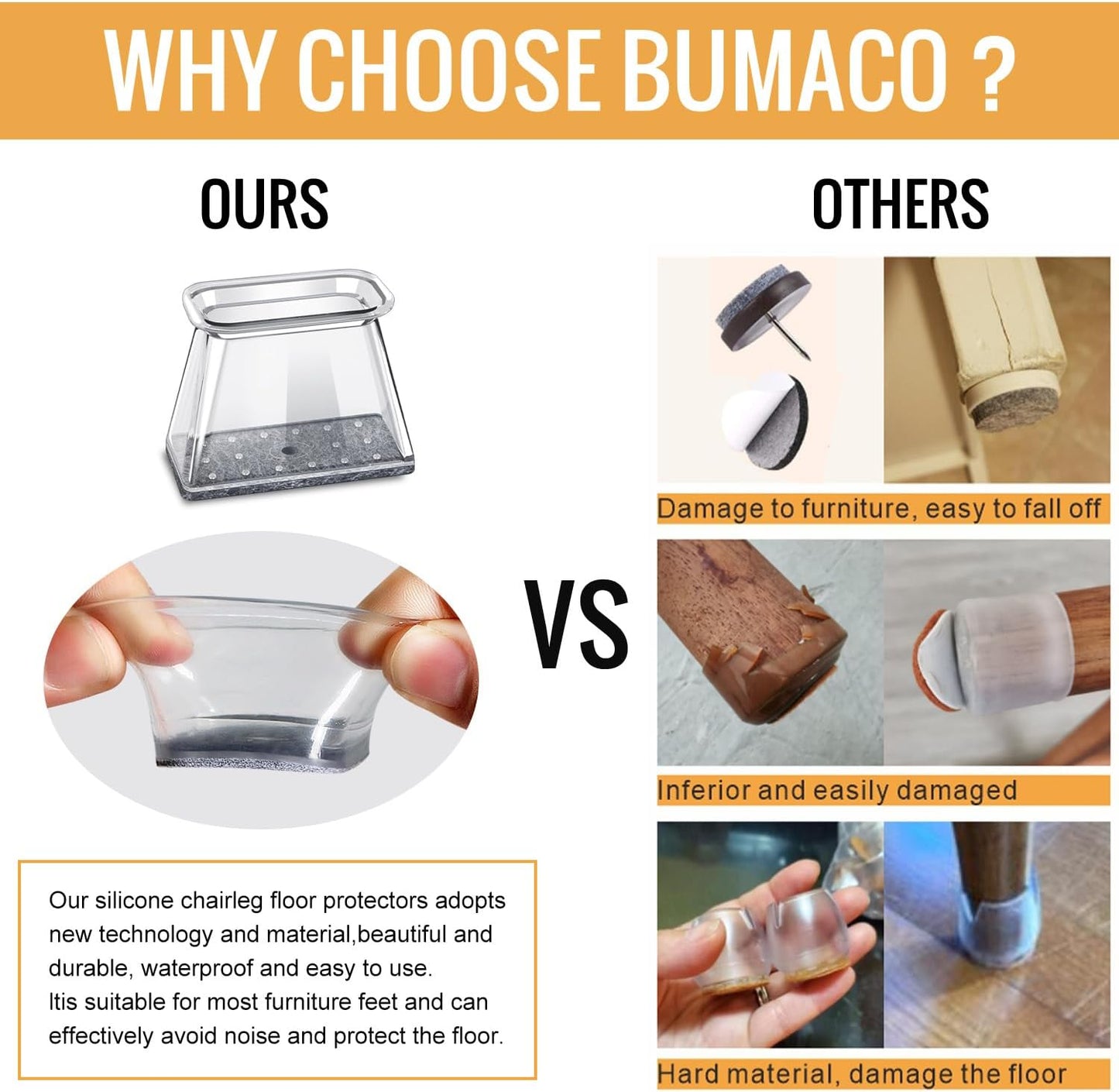 BUMACO Chair Leg Floor Protectors Rectangle Chair Leg Protectors for Hardwood Floors Silicone Pads Covers to Protect Floors(Clear-40 Pcs, Rectangle XL Fit (Perimeter: 6"~8")