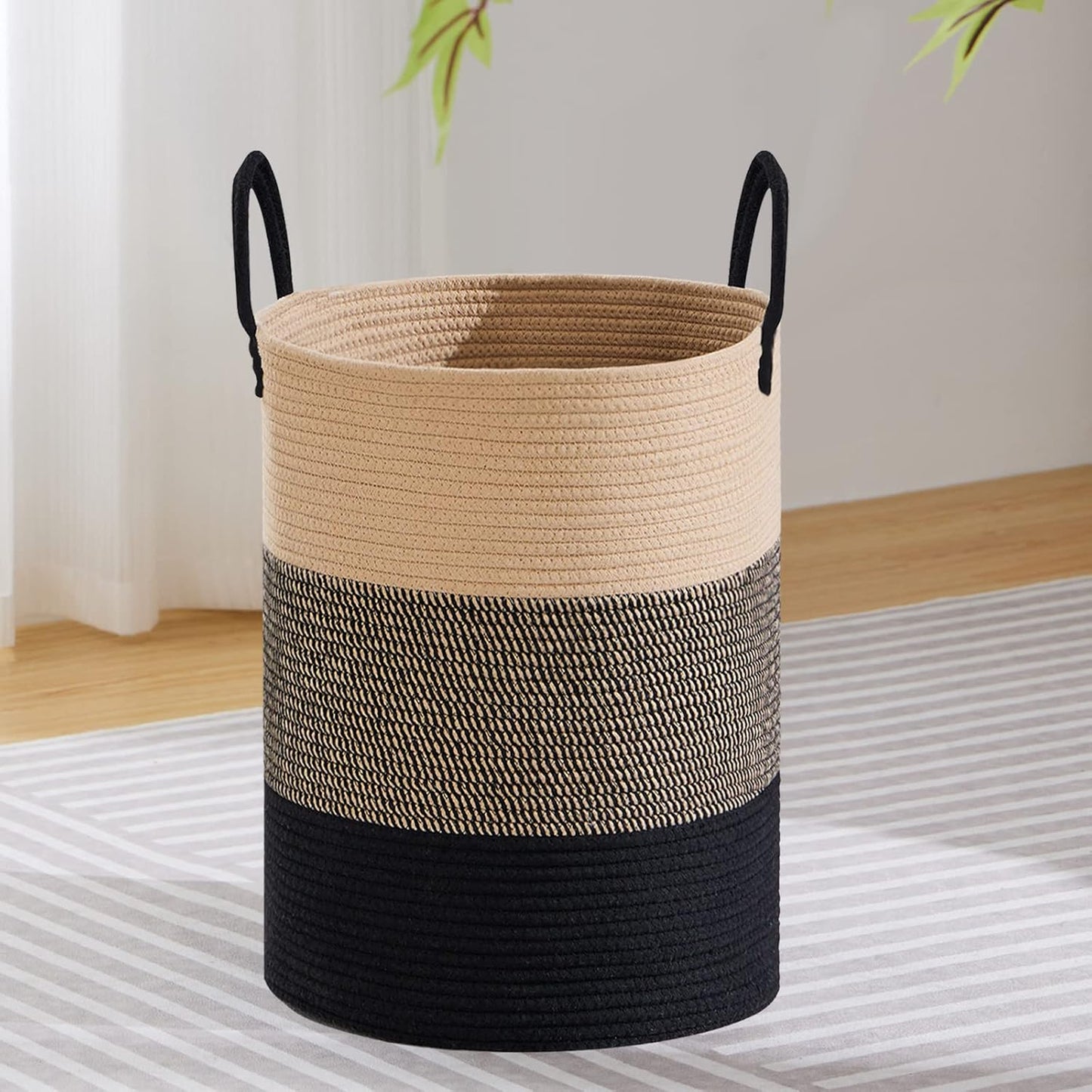 VIPOSCO Large Laundry Hamper, Tall Woven Rope Storage Basket for Blanket, Toys, Dirty Clothes in Living Room, Bathroom, Bedroom - 58L Brown & Black