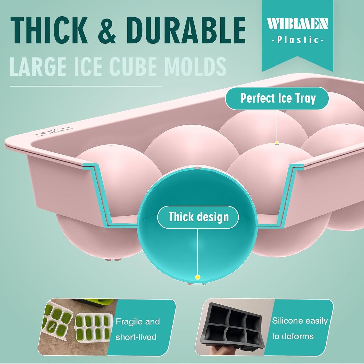 WIBIMEN Large Ice Cube Molds, Big Round Whiskey Ice Cube Trays for Freezer, Easy to Fill & Release, Whiskey Bourbon Cocktail(2.5In*8 Balls- Pink/2 Pack)