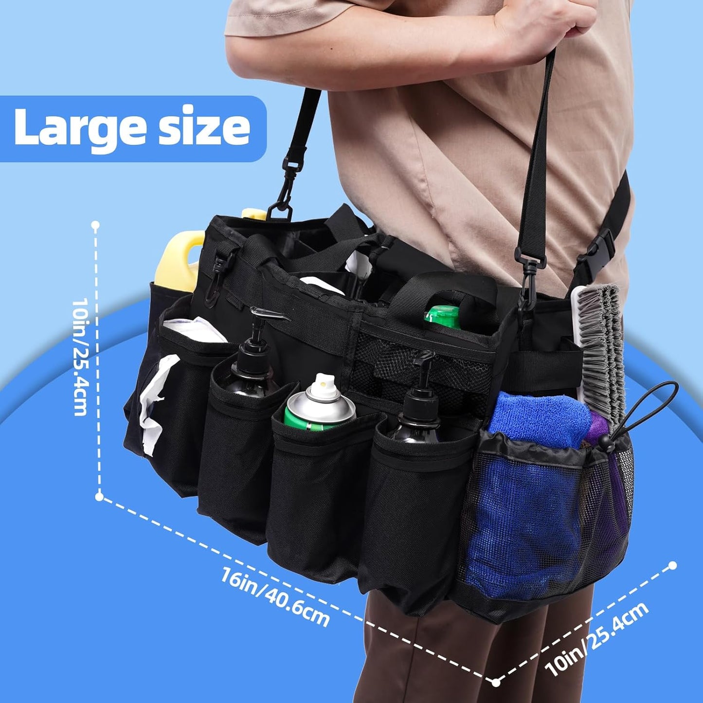 Large Cleaning Supplies Bags for Housekeepers, Professional Wearable Cleaning Supply Caddy for House Cleaners Detail Car Cleaning Supplies Organizer Tote with Handle, Black