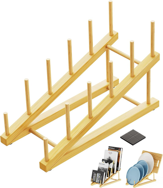 Bamboo Dish Drying Rack, 5 Slots Kitchen Organizer Craft Show Display Stand for Holds Plates, Bowls Cups, Cutting Boards, Pot Lids, Canvas, Books, Records, Artwork and Magazine