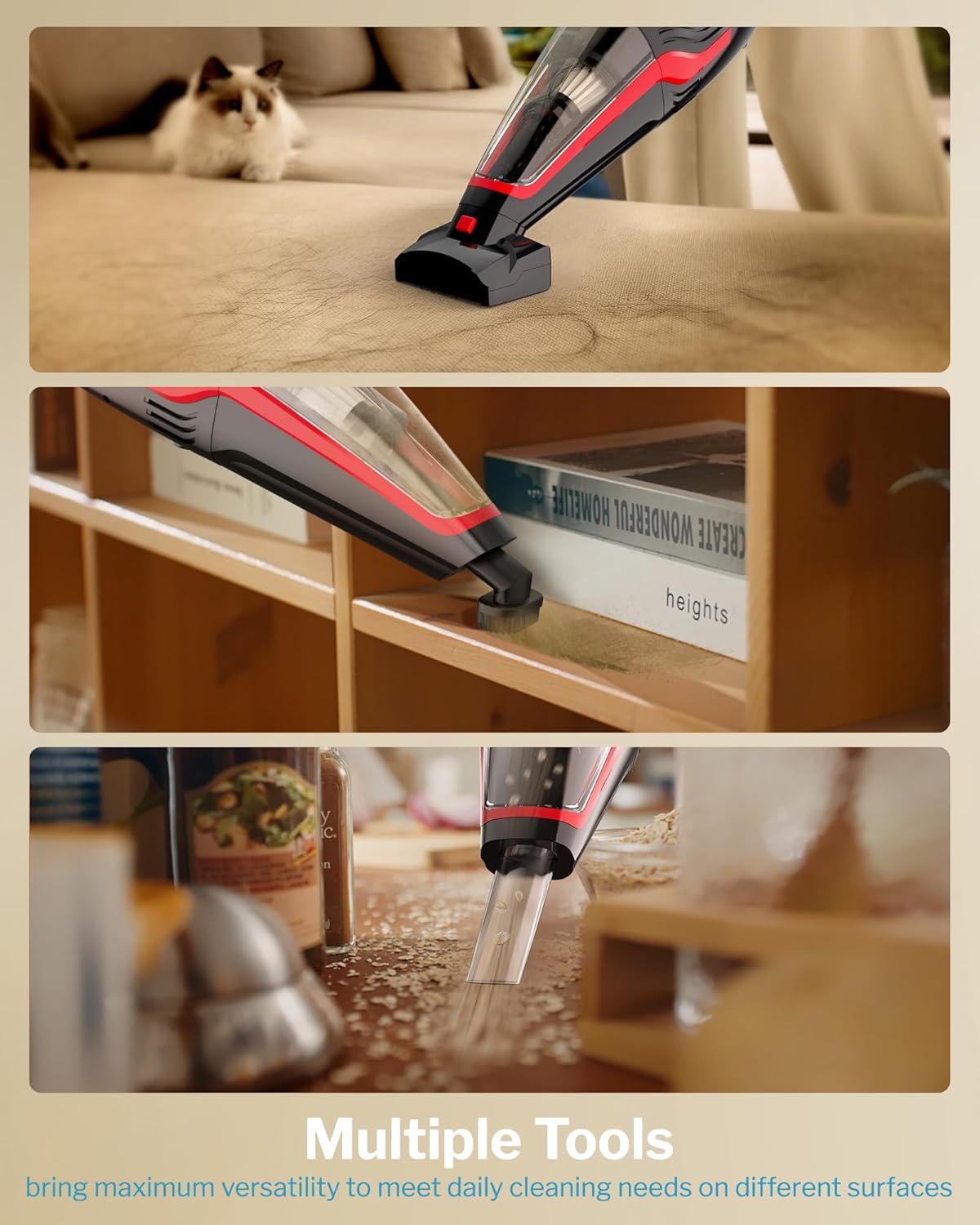 Pet Hair Handheld Vacuum Cordless, Car Vacuum Rechargeable with Reusable Filters, Motorized Brush and Multi-Accessories for Carpet, Couch & Stairs, Red, 17.0"X 4.6"X 6.6"