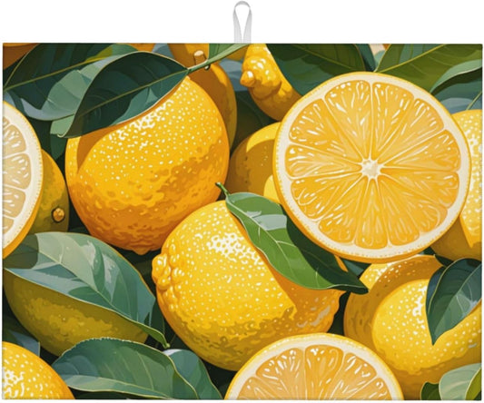 lemon Dish Drying Mat Highly Absorbent Double-Sided Microfiber with Hanging Loop Reversible Drain Dish Rack Mat Drain Mat Suitable for Kitchen Countertop Coffee Bar 18 x 24 Inch