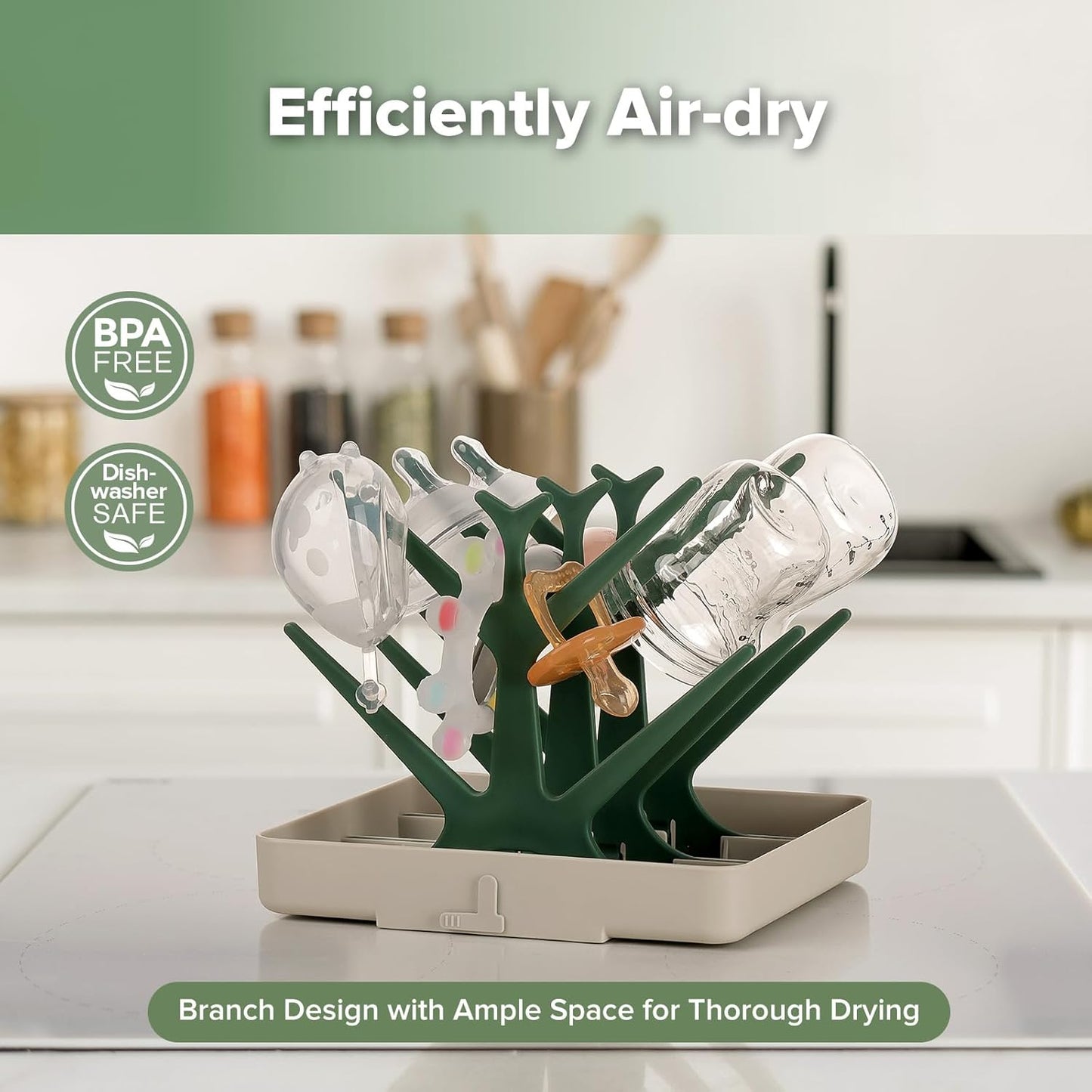 haakaa Baby Bottle Drying Rack, Space Saving Bottle Drying Tree for Bottles/Pump Parts/Pacifiers and Other Baby Essentials, Easy-Store Dryer Rack Great for Home & Travel, BPA Free (Forest Green)