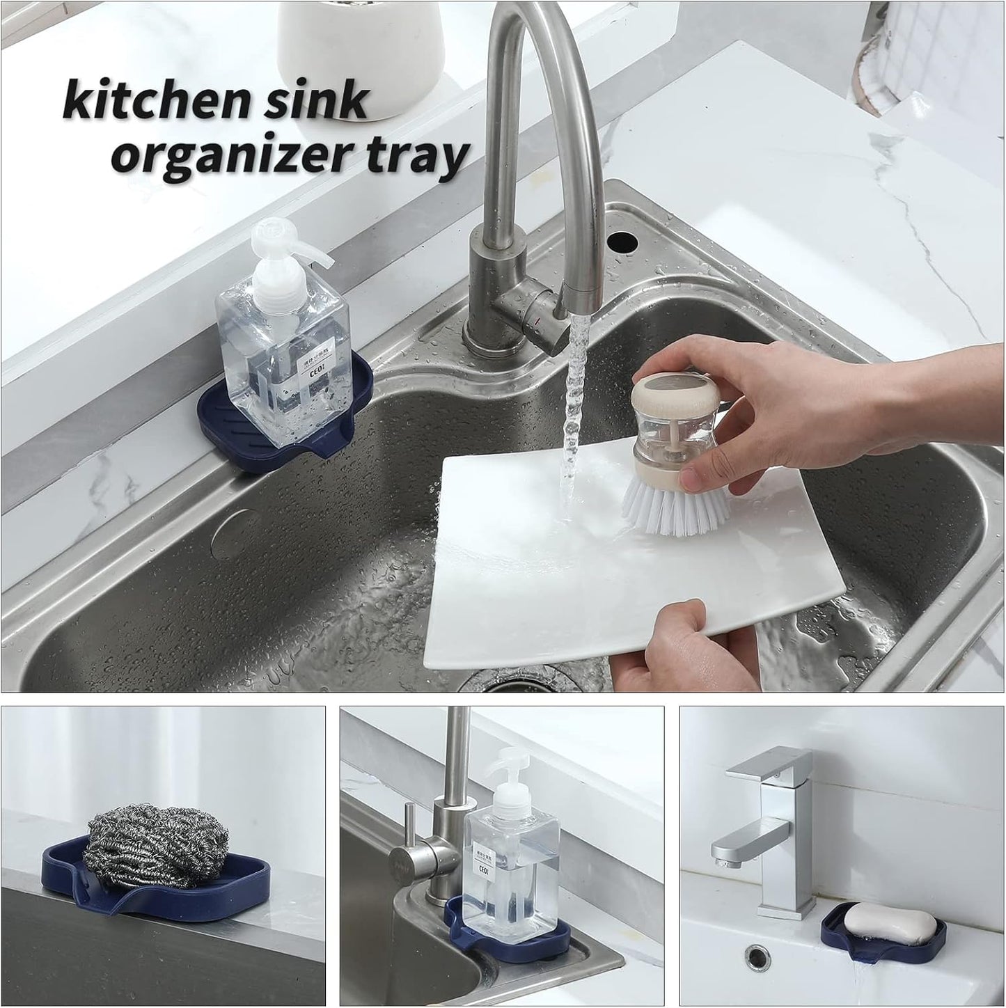 Silicone Bathroom Soap Dishes with Drain Spout-Kitchen Sink Organizer,Sponge Holder,Dish Soap Tray,Perfect for Dispenser,Scrubber,Bottle,Cup on Sink or Counter-Navy Blue 4.9"×3.2"