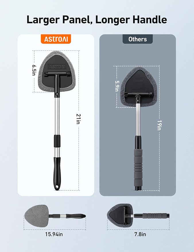 AstroAI Windshield Cleaner Tool, Car Interior Detailing Cleaning Kit with Extendable Handle and 4 Upgraded High-Density Reusable Microfiber Pads, Auto Glass Wiper Brush Kit for Cars, Gray, 15.9in-21in