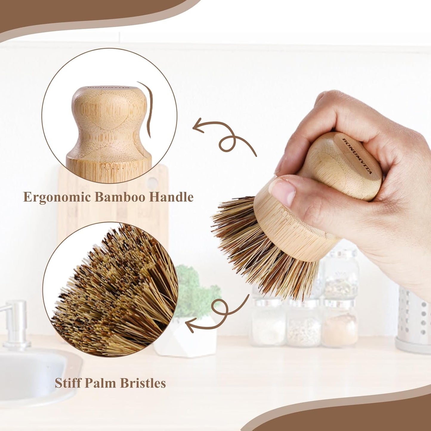 Bamboo Dish Brush Set,4 Pack Kitchen Palm Pot Brush with Union Fiber, Natural Bamboo Dish Scrub Brush for Cleaning Pots,Pans,Sinks,Woks,Vegetables