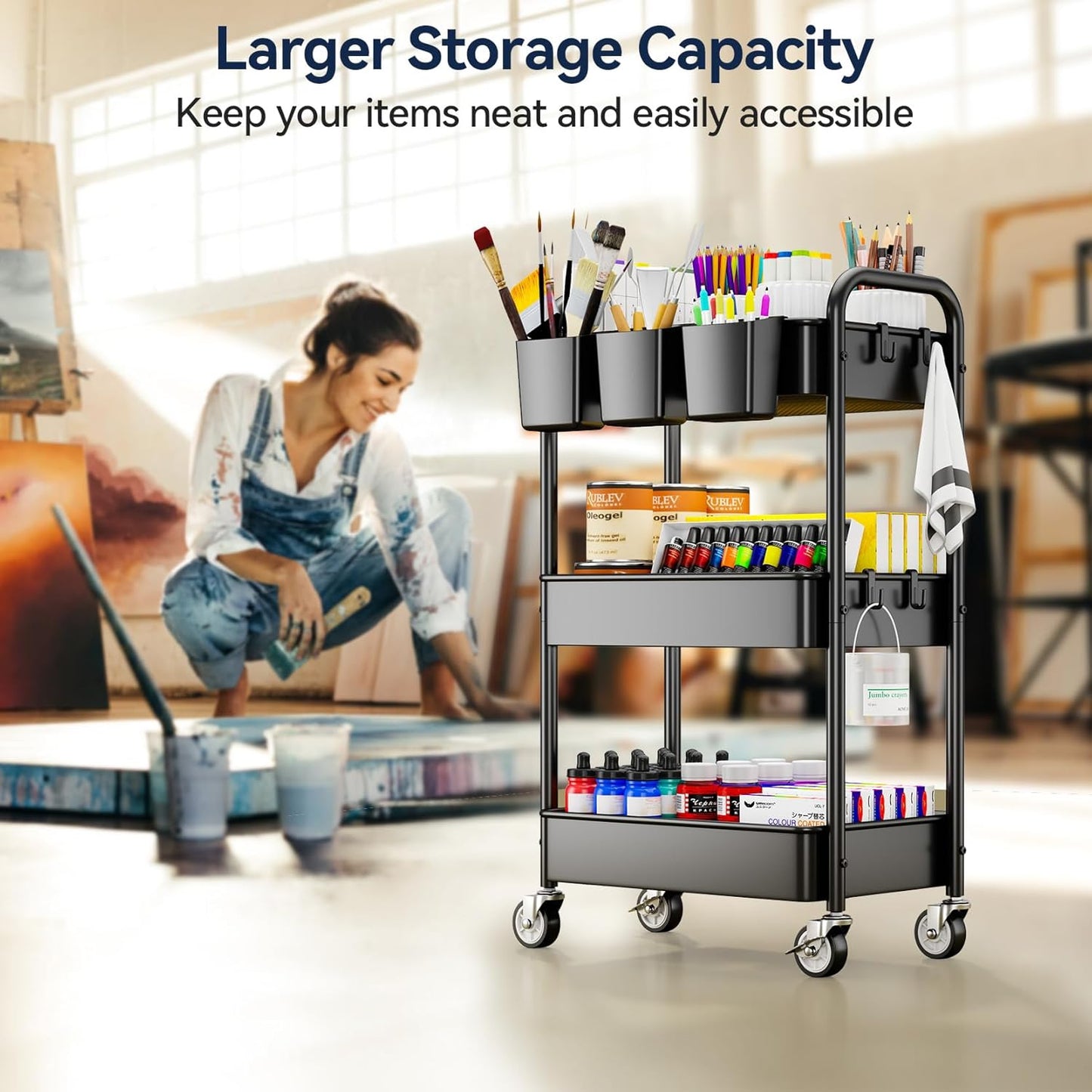 YASONIC 3 Tier Rolling Cart - Metal Utility Cart with Wheels, Hanging Cups, Hooks, Heavy Duty Mesh Rolling Storage Cart Organizer, Craft Cart for Kitchen Office, Lightweight and Sturdy