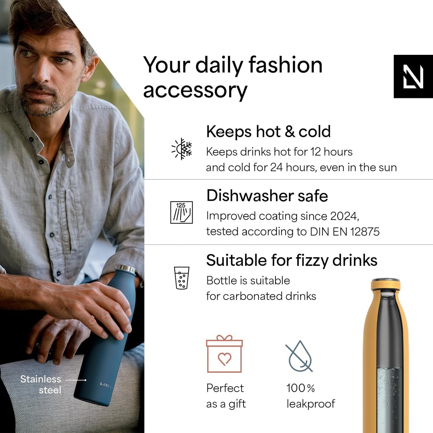 LARS NYSØM Stainless Steel Insulated Water Bottle 12oz 17oz 25oz 34oz 51oz | Insulated Thermo Flask for Hot and Cold Beverages | Leakproof Drinking Bottle (Mustard Yellow, 25.4 oz)