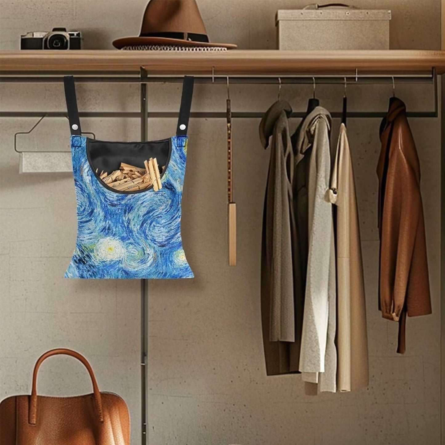 Clothes Pin Bag Clothespin Storage 14.5x12in - Creative Starry Night Print Oversized Windproof Bag with Reinforced Stitching - Heavy Duty Hanging Organizer for Frequent Laundry Use