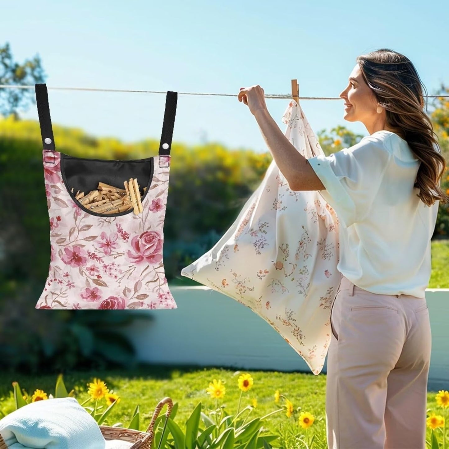 Pink Flowers Clothespin Bag Laundry Hanging Storage Organizer Clothes Pin Hanging Bag with Rope Clothespin Holder with an Space-Saving Opening for Clothesline Outdoor