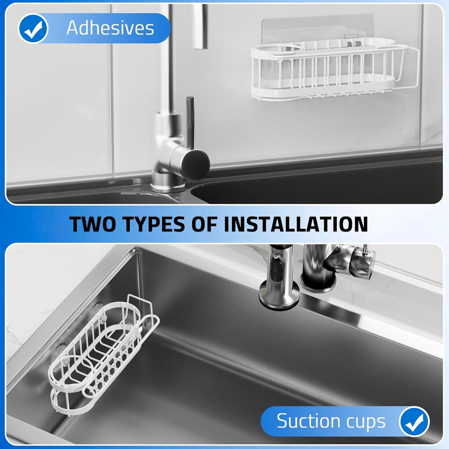 Cisily Kitchen Sink Caddy Sponge Holder in The Sink, Stainless Steel Kitchen Sink Organizer, Brush Holder, Dish Cloth Hanger, Sink Stopper Holder with Suction & Adhesives Installation Ways (White