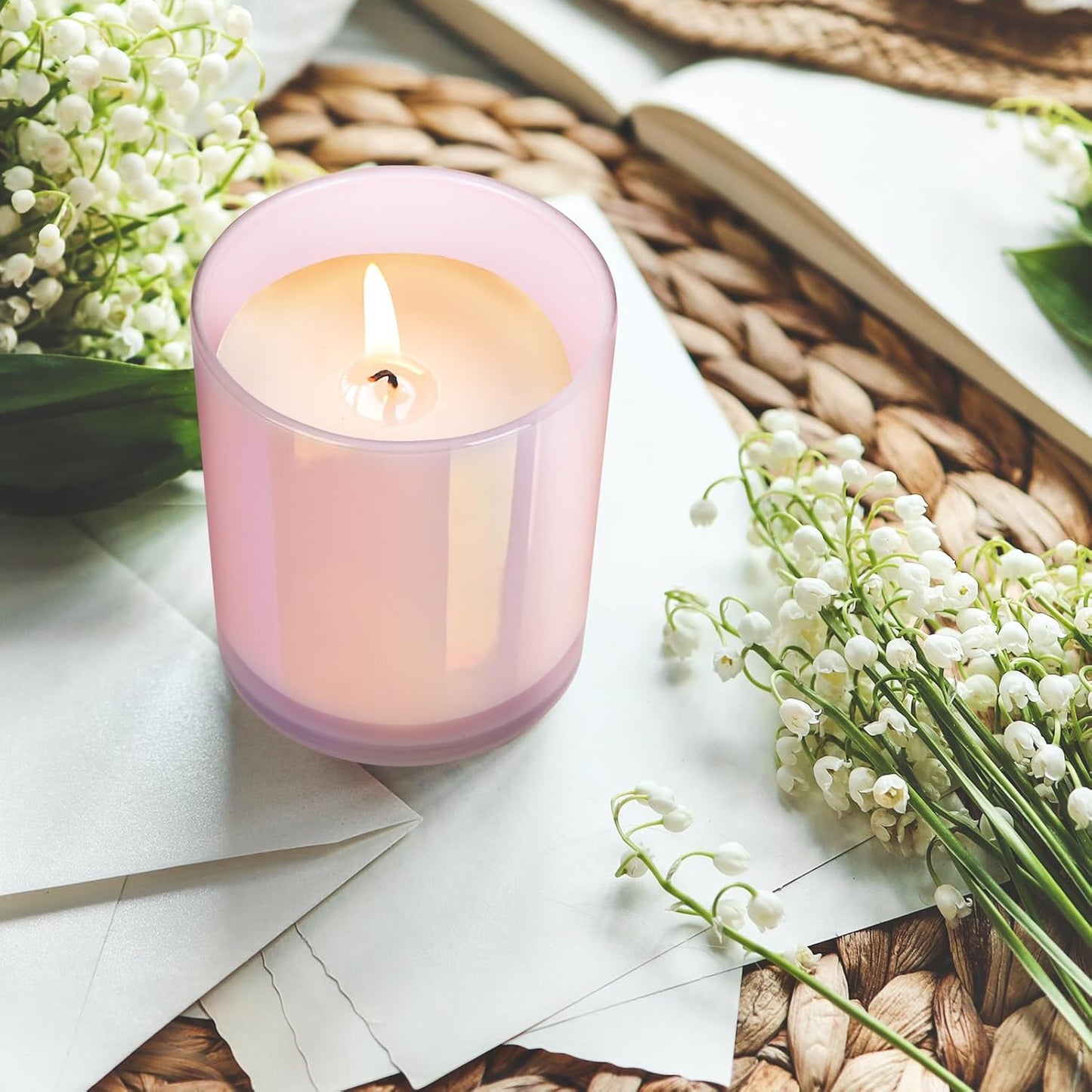 Thick Candle Jars for Making Candles 12 Pcs, 14 OZ Empty Jars with Wood Lids for Candle Making, Sample Container, Glitter Pink