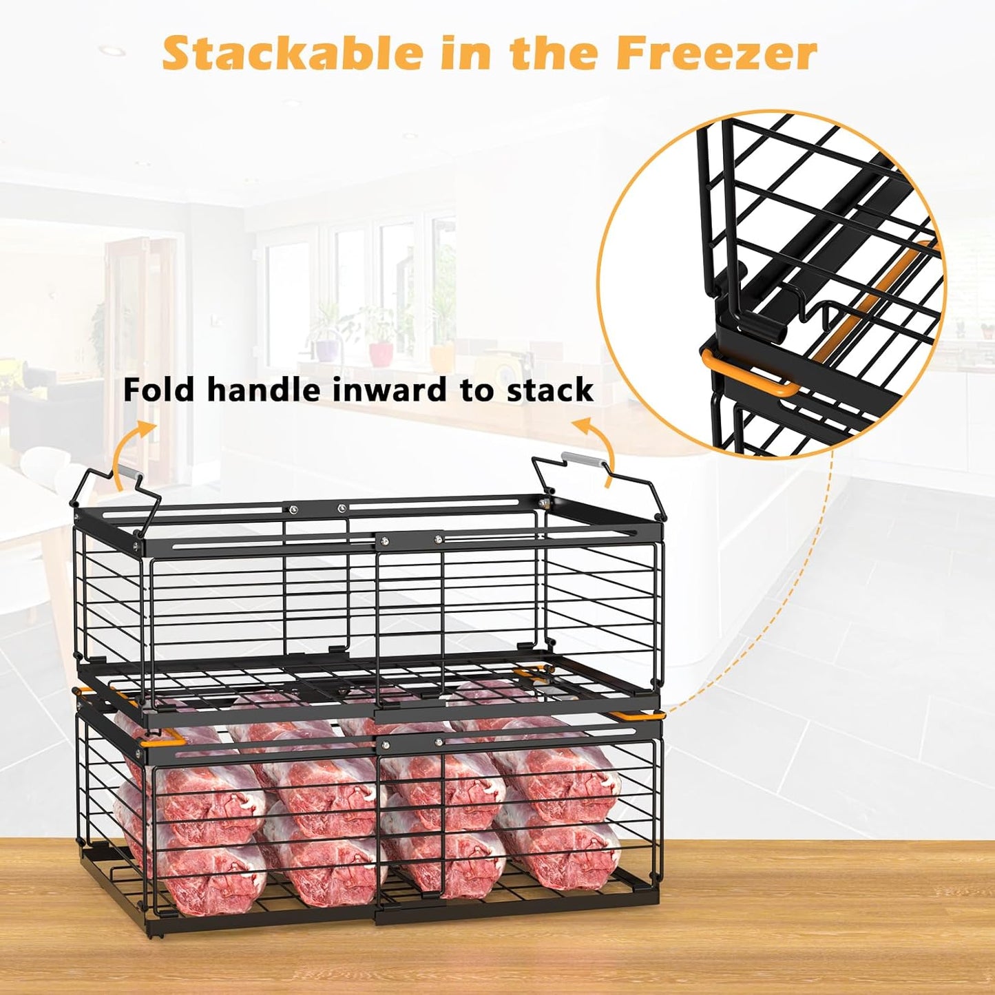 NADAMOO Freezer Organizer Bins, 3 Packs Large Expandable Stackable Chest Freezer Containers with Handle, Metal Adjustable Storage Baskets for Fridge, Deep Freezer, Cabinet, Kitchen, Pantry - Black