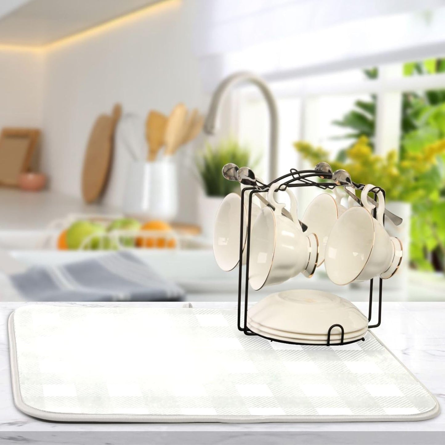 Buffalo Plaid Gray White Dish Drying Mat for Kitchen Countertop 16x18 Chessboard Rectangle Small Drying Mat Reusable Quick Dry Dish Sink Absorbent Mats Dishwasher Easy Clean Decorative Home Essentials