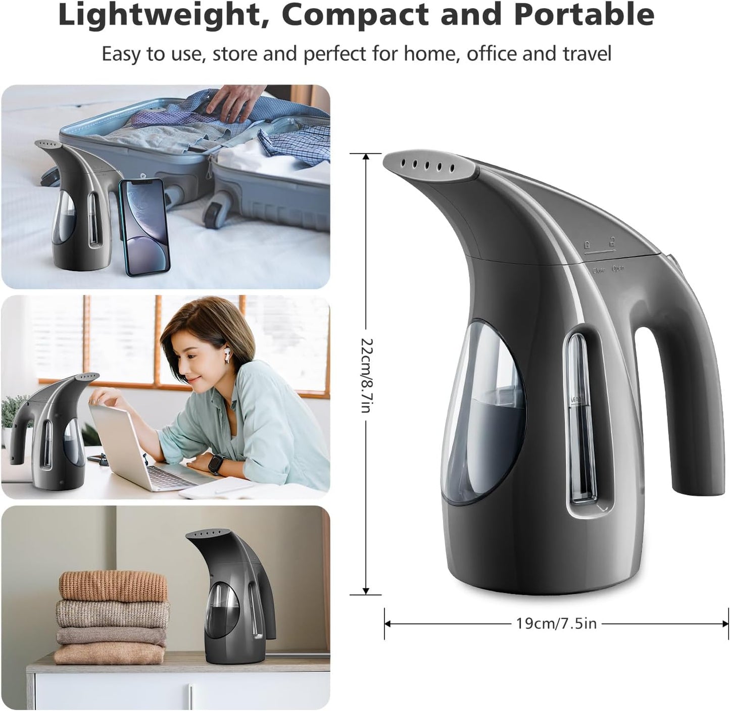 HiLIFE Steamer for Clothes, Portable Handheld Design, 240ml Big Capacity, 700W, Strong Penetrating Steam, Removes Wrinkle, for Home, Office(ONLY FOR 120V)-Black