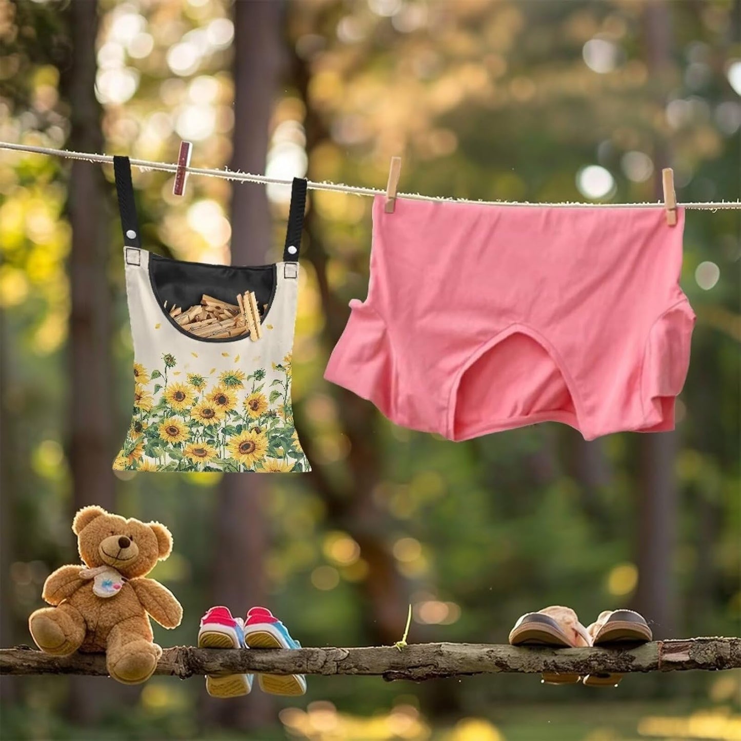 Sunflower Clothespin Bag, Hanging Laundry Bag, Hanging Storage Organizer with Hanging Rope Clothes Lines for Hanging Clothes Outside, for Home Outdoor