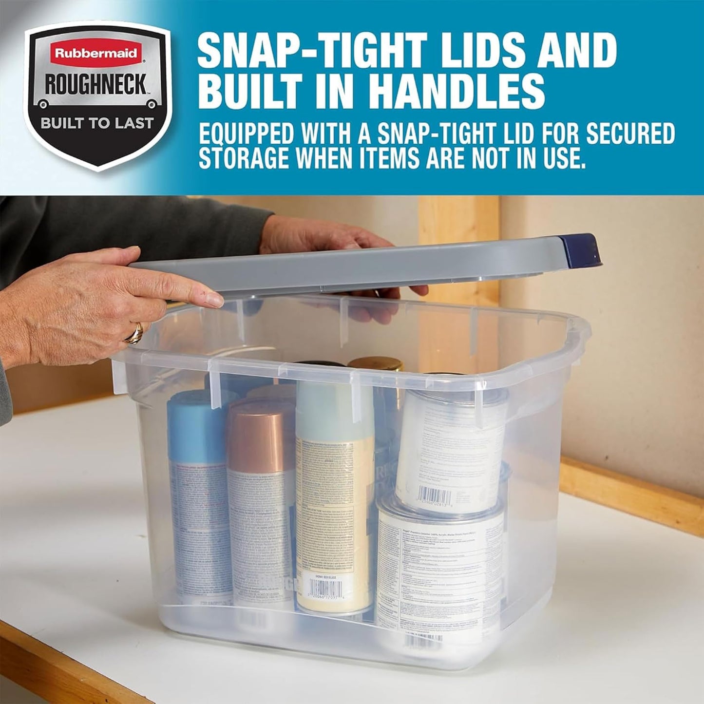 Rubbermaid Roughneck Clear 19Qt/ 4.75 Gal Storage Containers, Pack of 6, with Snap-Fit Grey Lids, Visible Base, Sturdy and Stackable, Great for Storage and Organization