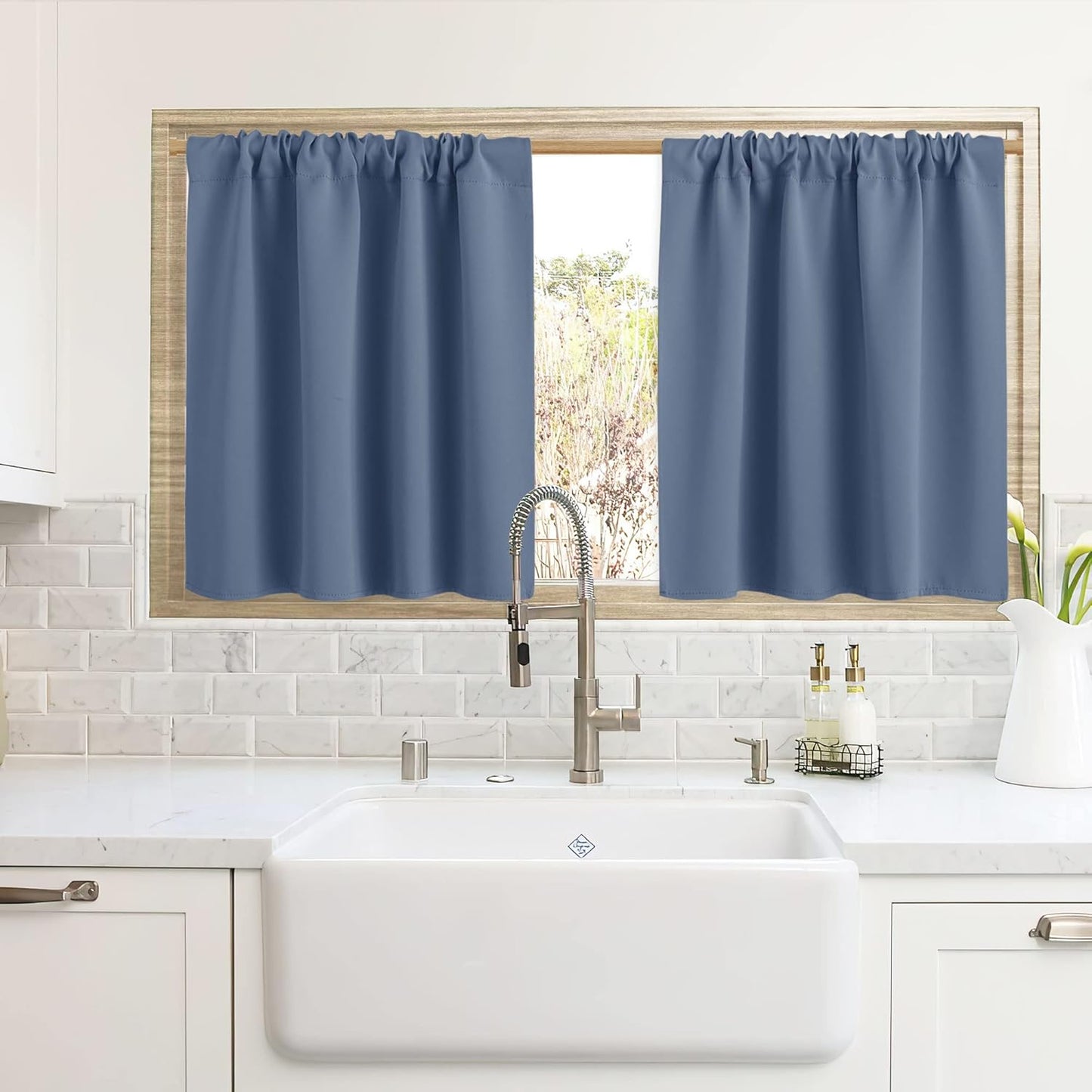 RYB HOME Blackout Curtains for Kitchen, Over Sink Privacy Curtains Window Decor, Thermal Insulating Drapes for Bathroom Cafe Bedroom Small Window, W 42 x L 24 inch, Stone Blue, 2 Panels