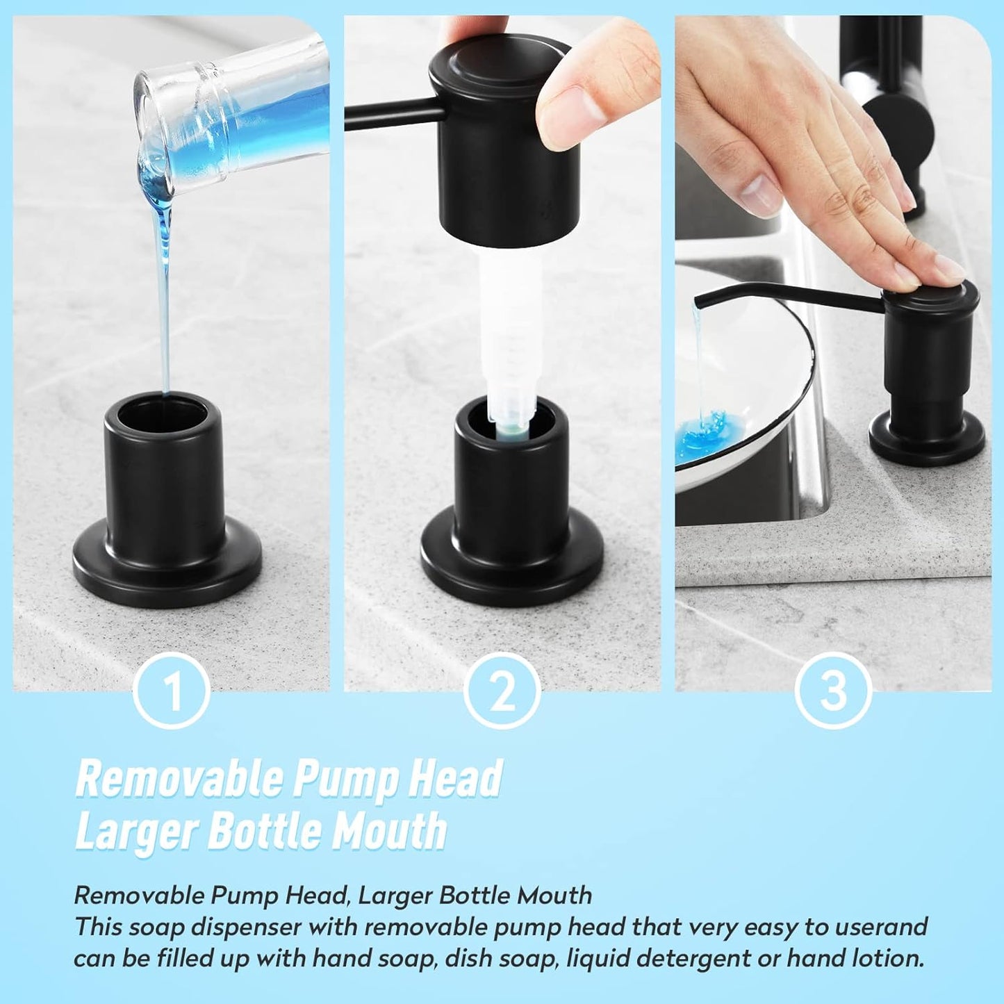 CREA Kitchen Soap Dispenser Countertop Soap Dispenserfor Kitchen Sink Black Built in Sink Soap Dispenser Top Fill Deck Mount Dispenser for Bathroom with 39" Tube Large Capacity 17 OZ Bottle