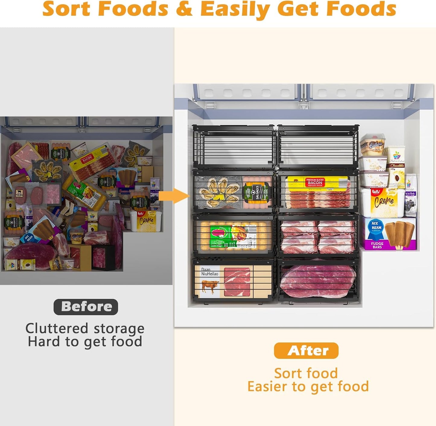 NADAMOO Freezer Organizer Bins, 3 Packs Large Expandable Stackable Chest Freezer Containers with Handle, Metal Adjustable Storage Baskets for Fridge, Deep Freezer, Cabinet, Kitchen, Pantry - Black