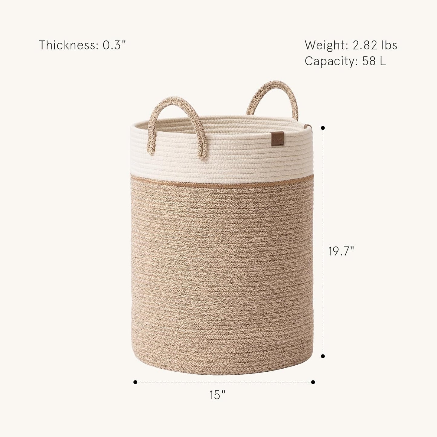 LA JOLIE MUSE Woven Basket Rope Storage Baskets - Tall Cotton Basket, Laundry Basket for Blanket, Kids Toy, Nursery Clothes Hamper Basket-L