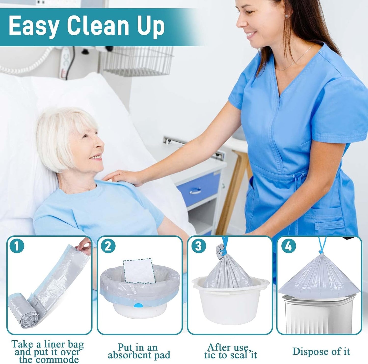 Commode Liners with Absorbent Pads- 100 Commode Bags+ 100 Commode Pads, Extra Thicken Commode Toilet Liners Universal Fit Bedside Commode, Portable Toilet, Chair Bucket, Bedpan