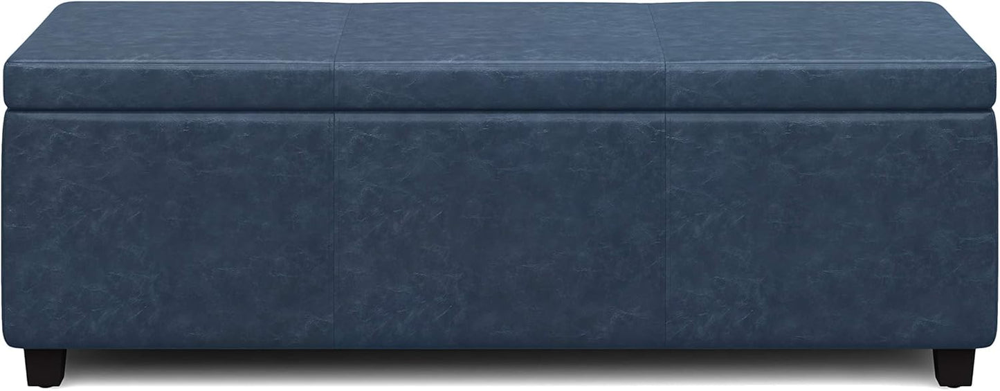 SIMPLIHOME Avalon 48 inch Wide Contemporary Rectangle Storage Ottoman Bench in Denim Blue Vegan Faux Leather, Assembled, For the Living Room, Entryway and Family Room