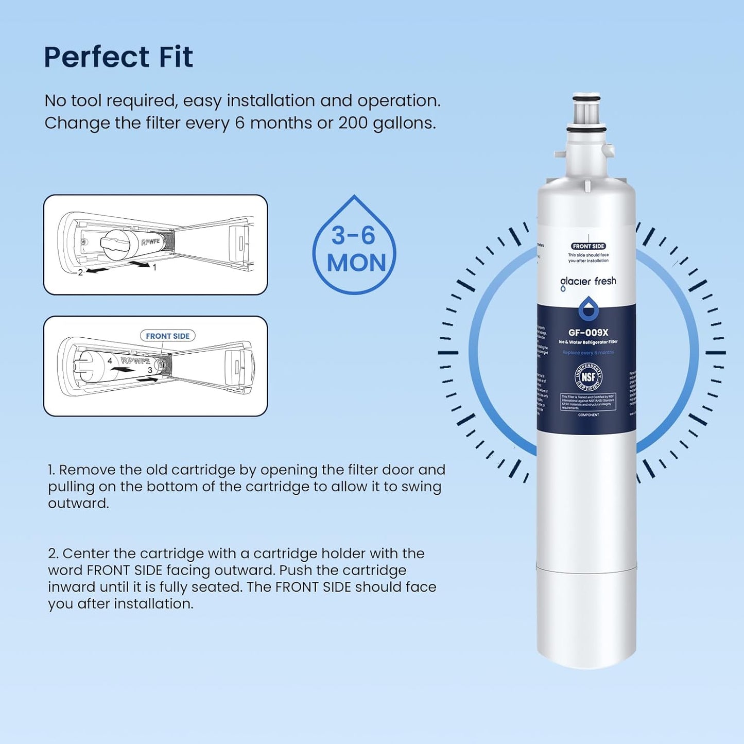 GLACIER FRESH Replacement for RPWFE, RPWF (Built-in CHIP) Refrigerator Water Filter, Compatible with GFE28GYNFS, GFE28GELDS, PFE28KELDS, PFE28KYNFS, GFD28GELDS, PWE23KELDS, PWE23KMKES, 4 Pack