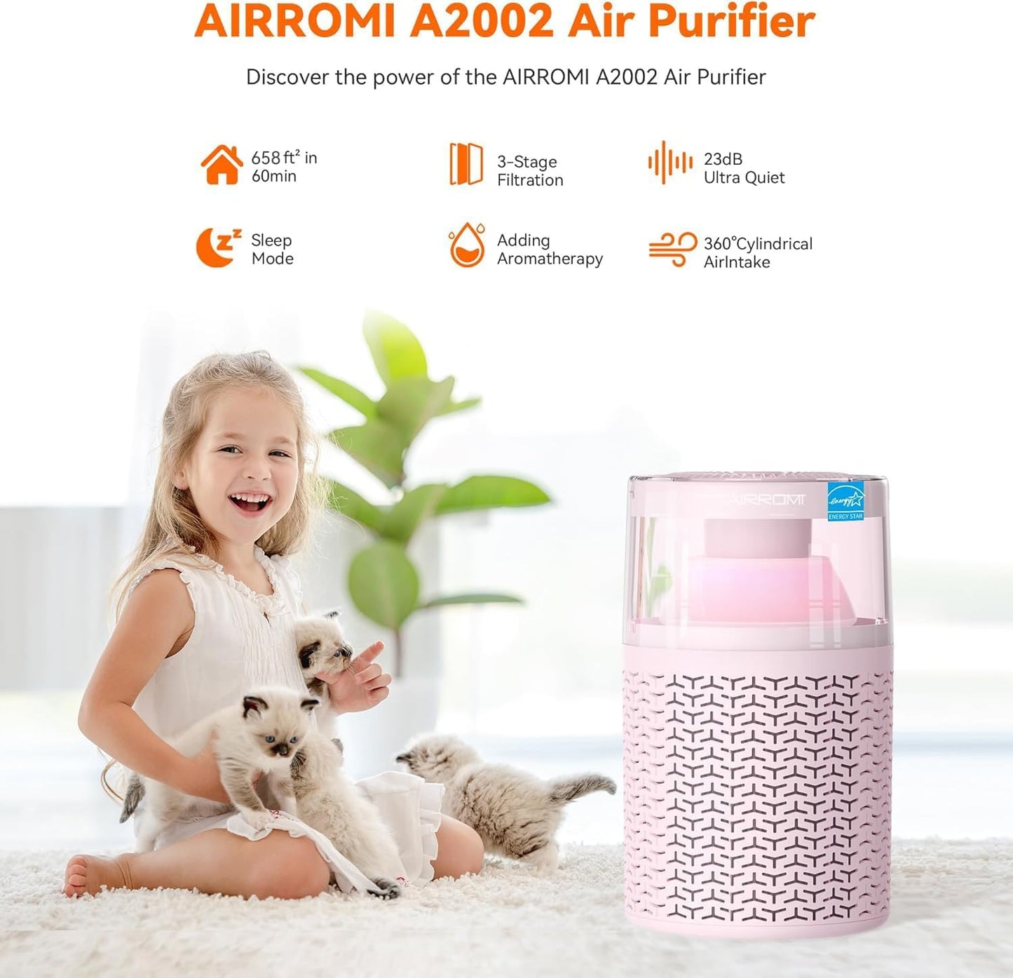 AIRROMI Air Purifiers for Bedroom Home,Up to 658 Ft²,Activated Carbon Filter Cleaner,With Fragrance Sponge for Better Sleep,Night Light,Pet Dander,Allergies,Smoke,Odor,Desktop Air Cleaner A2002 Pink