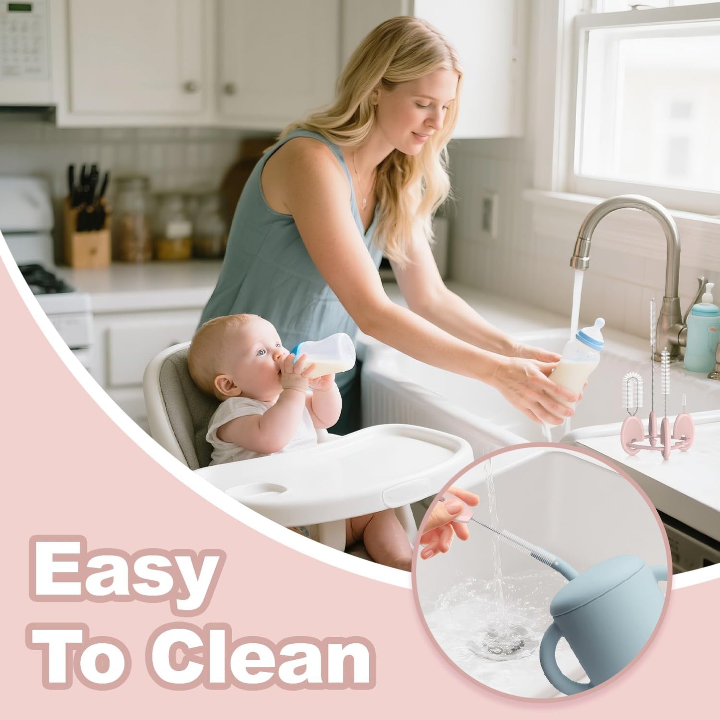 YOTIME Standing Straw Cleaner Brush Set, 4in1 Reusable Straw Brushes with Holder Ring, for Baby Bottles, Sippy Cups and Lids, Pink