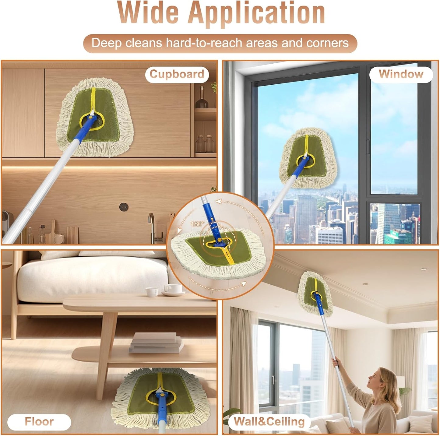 Commercial Dust Mop for Hardwood Floors, Industrial Dry Mops with Replacement Wedge Cotton Mop Pads for Wall Cleaner ,Hardwood, Tile, Laminate, Vinyl,Walls, Home,Warehouse Duster, Green