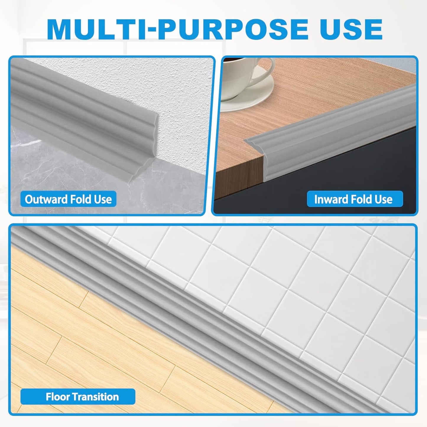 Wall Corner Protector Peel and Stick Corner Trim Molding Flexible Inside & Outside Wall Edge Guard Self Adhesive Moulding Trim for Edge Use, Gray, 1.6” W x 40’ L