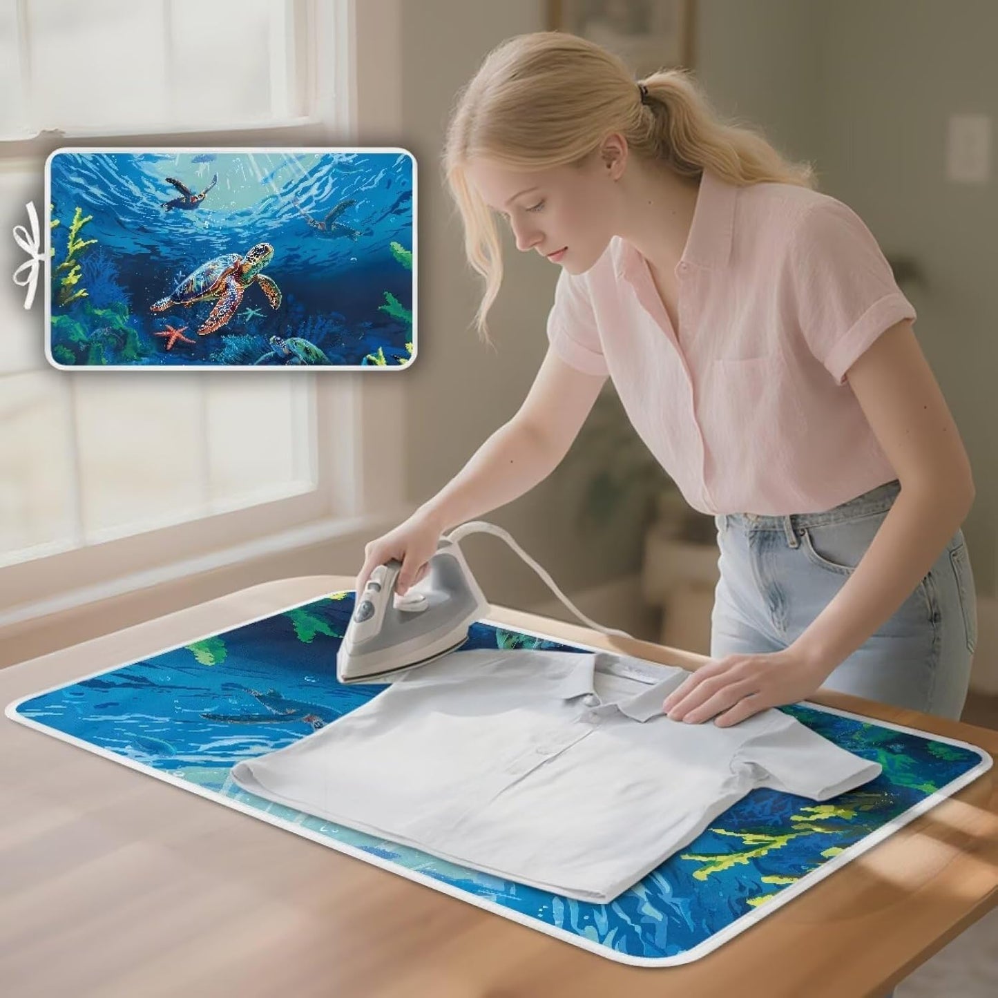 Ironing Mat Portable Iron Pad Magnetic Cover and Padding for Top of Washer, Dryer, Tabletop, Countertop,Travel Small Size Ocean Sea Turtle Ironing Pads 32 x 16 Inch