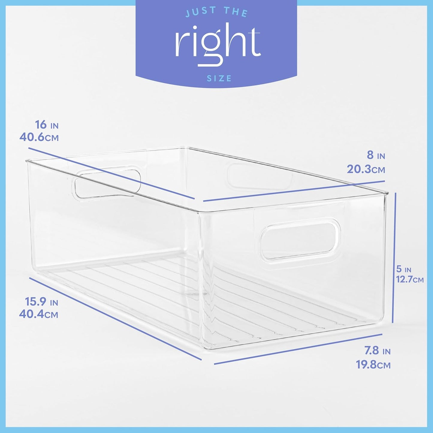 Plastic Food Storage 6 Pack Clear Container Bin with Handles for Organizing Kitchen, Pantry, Refrigerator, Freezer, Pantry, Cabinet, Closet, Bathroom. 16”x8”x5”