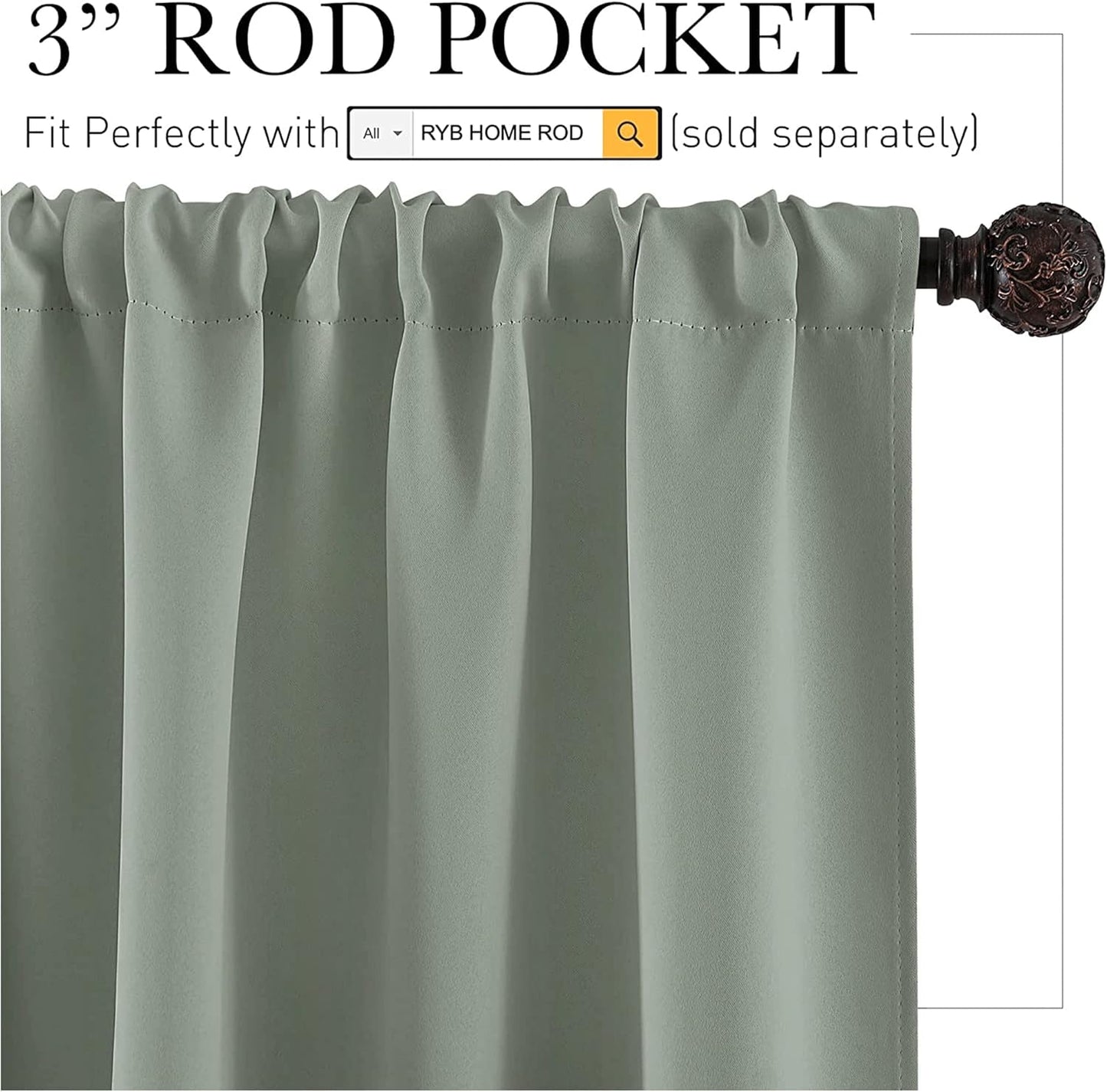 RYB HOME Short Curtains 36 inch 2 Panels Set, Room Darkening Small Window Drapes Thermal Insulated Cafe Curtains for Kitchen Dorm Transit Van, W52 x L36 inch, Grayish Green