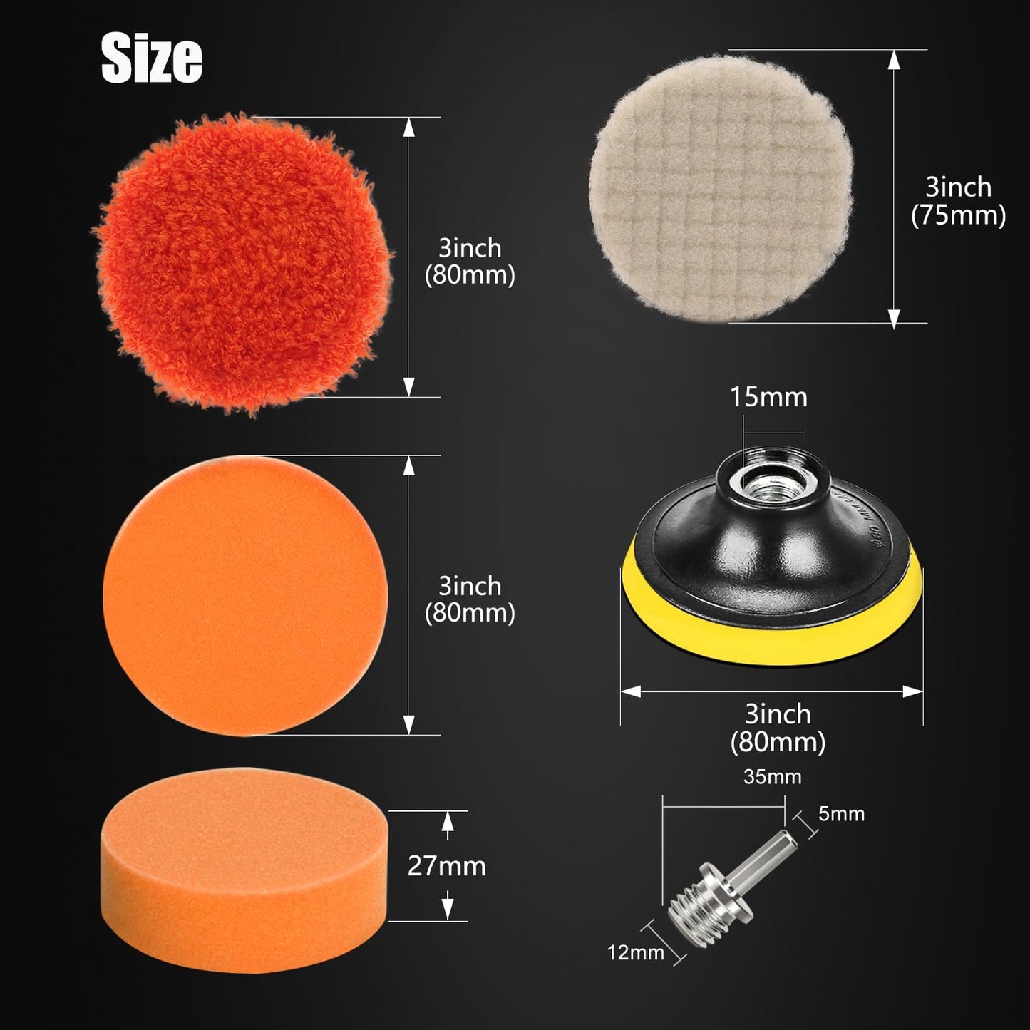 Drill Polishing Kit for Car, 3''(80mm) 32Pcs Car Foam Buffing Pads, Wool Pads Drill Buffing Pad, Wax Buffer Polisher Attachment with 5/8-11 Thread Backing pad & Adapters