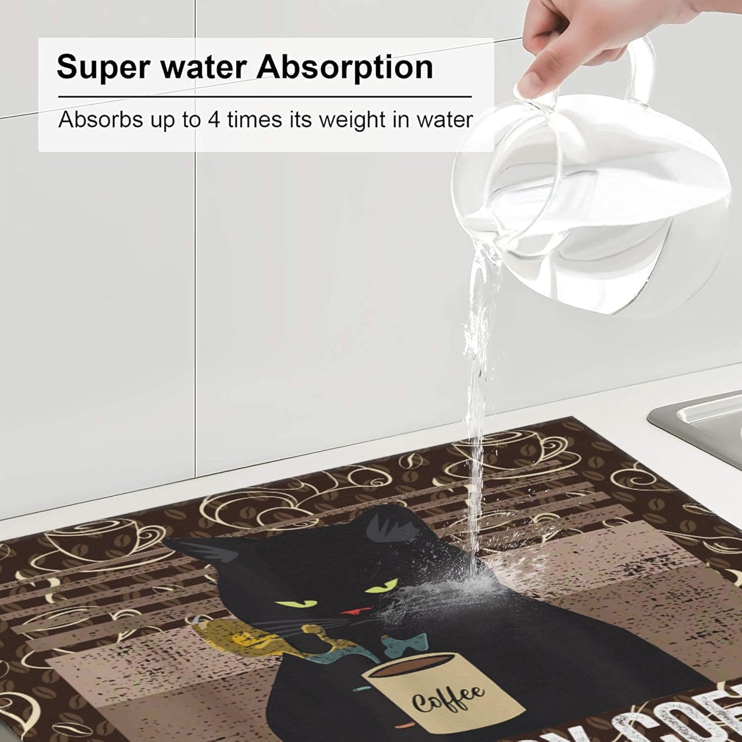 Vintage Cat Dish Drying Mat for Kitchen Counter Retro Coffee Dish Drainer Rack Mats 16x18 Inches Absorbent Reversible Decorative Drying Pad