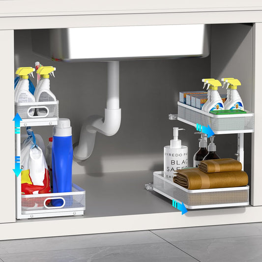 Under Sink Organizer, High Adjustable 2 Tier Under Sink Organizers and Storage, Slide Out Metal Cabinet Organizers, Pull Out Storage Drawer Shelf for Kitchen Bathroom Cabinet, White, 2 Pack