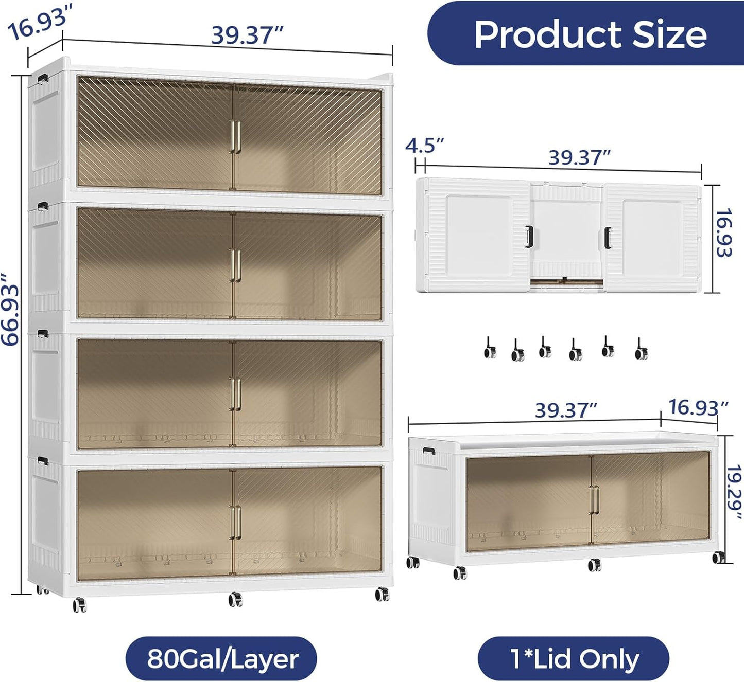 320GAL Extra Large Storage Bins with Lid, 1280QT Collapsible Organizer with Wheels, Stackable Closet Cabinet with Doors, Folding Storage Containers for Home, Office, Dorm, 3Pack White