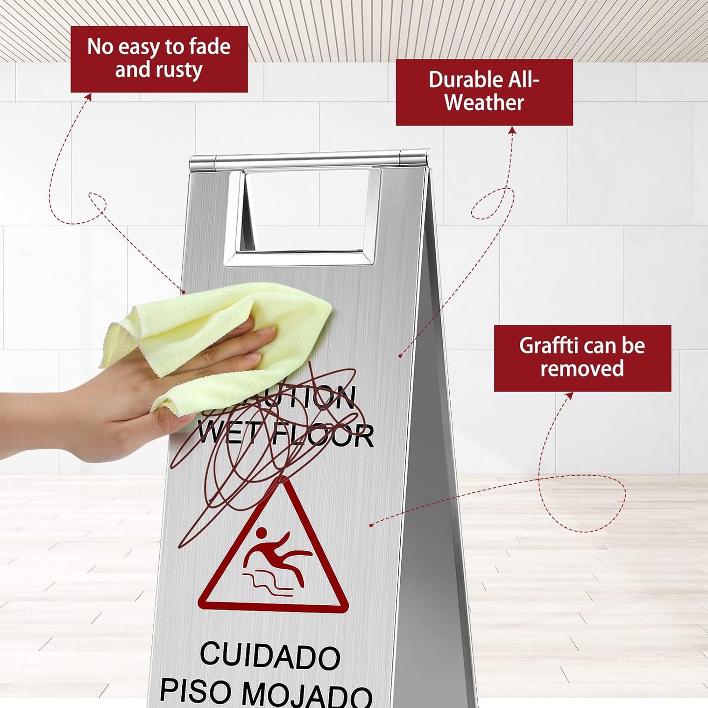 LEIFIDE Stainless Steel Wet Floor Caution Sign Bulk 8.8 Pound Portable Foldable Handle Bilingual Safety Sign for Kitchen Restaurant Supermarket Shop Commercial Use Avoid Fall and Slip Accident