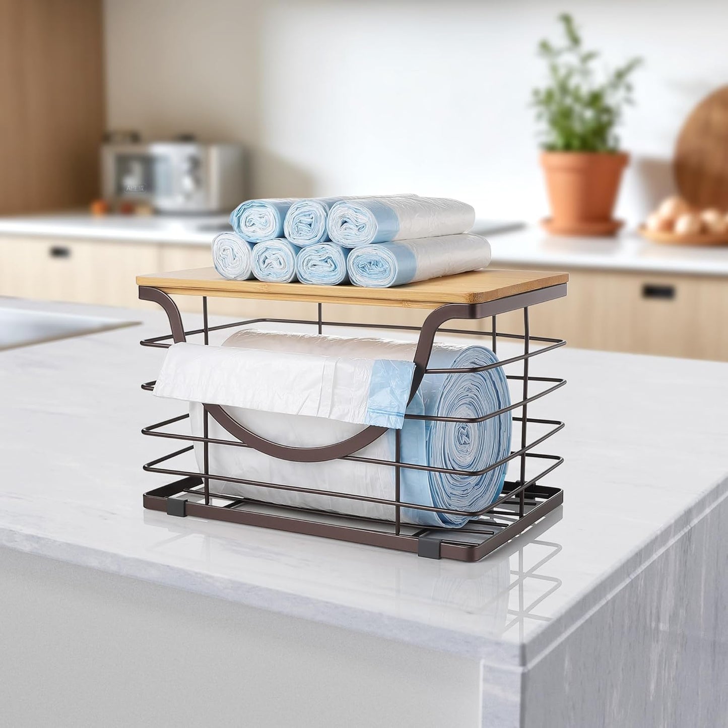 Extra Large Trash Bag Holder Under Sink Stackable Kitchen Storage with Lid, Garbage Bag Dispenser Roll Holder, Wall Mounted Trash Bag Container, Laundry Room Organization Storage, Brown