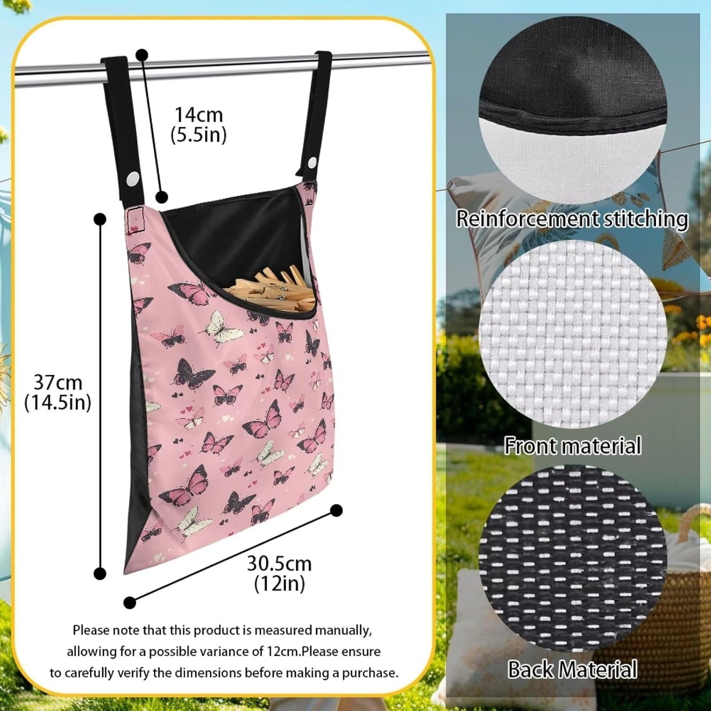 Butterfly Print Clothes Pin Hanging Bag, Stylish Clothespin Bag with Hanging Rope, Clothespin Organizer
