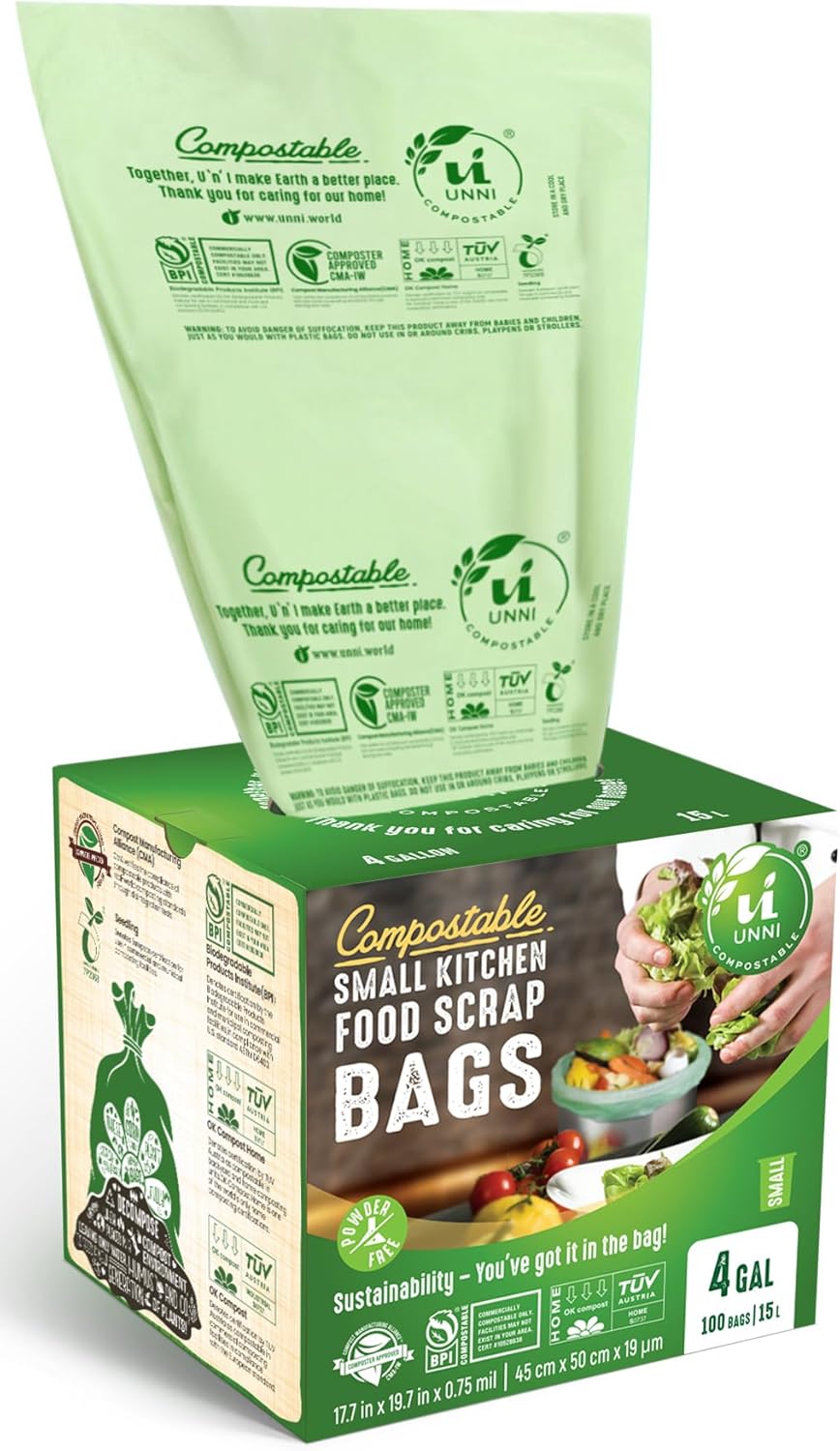 UNNI Compostable Trash Bags, 4 Gallon / 15 Liter, 100 Count, Extra Thick 0.75 mil Small Kitchen Food Scrap Bin Liners, Certified by BPI, CMA & OK compost HOME, Meets the ASTM D6400 Standard