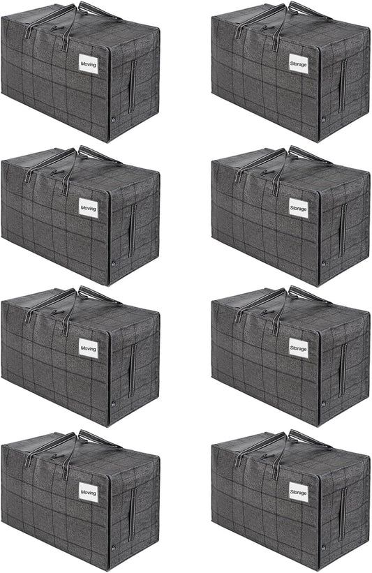 VENO 8 Pack Moving and Storage Bags, Heavy Duty, Alternative to Moving Boxes, Large Packing Totes Supplies for College Dorm Room with Zipper for Clothes, Wide Open Design (Windowpane, 8 Pack)